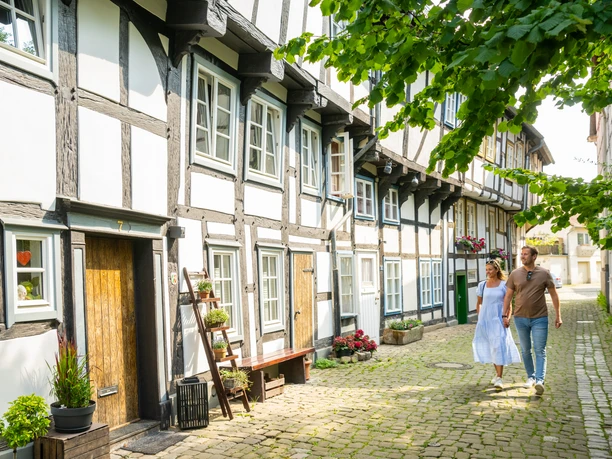 Fachwerkhäuser in einer gepflasterten Gasse von Detmold, ein Paar spaziert unter grünen Bäumen entlang.