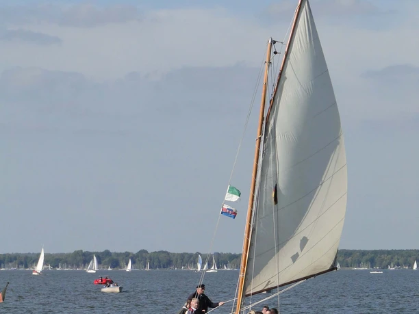 Auswanderer unter Segel A historic wooden sailing boat glides gently over the calm water while people watch on board.
