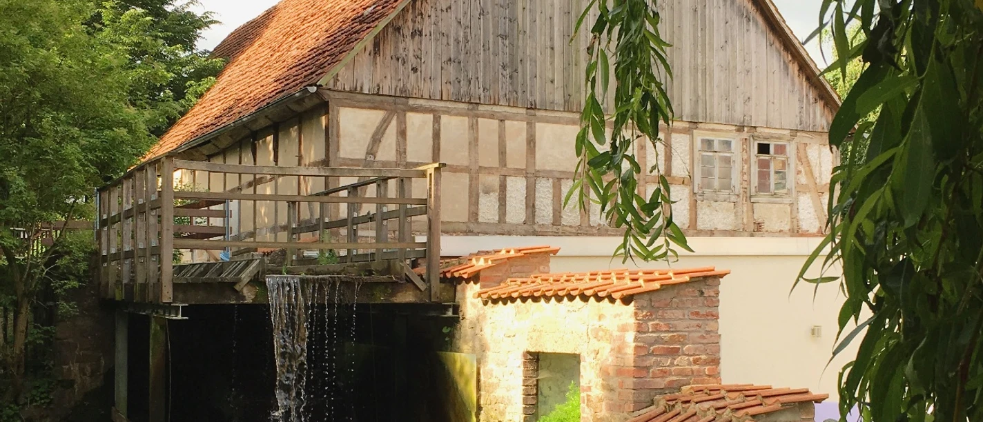 Historische Wassermühle mit sichtbarem Mühlrad und Fachwerkhaus, umgeben von üppigem Grün.