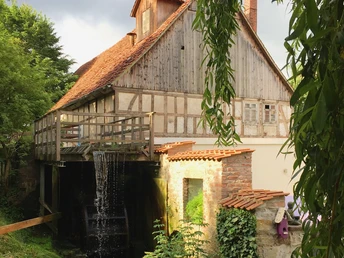Mühlrad Elbrinxen Historische Wassermühle mit sichtbarem Mühlrad und Fachwerkhaus, umgeben von üppigem Grün.