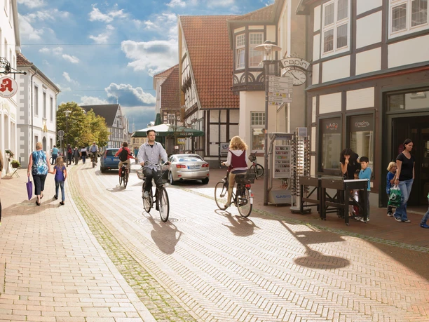 Zwei Radfahrer fahren durch eine belebte Fußgängerzone mit traditionellen Fachwerkhäusern.