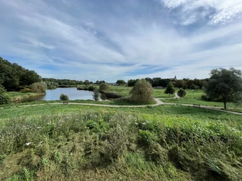 Landschaftssee Steimbke Ein ruhiger See umgeben von grünen Wiesen und Bäumen mit einem malerischen kleinen Dorf im Hintergrund.