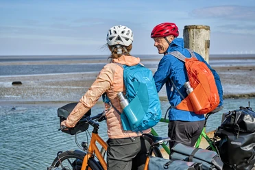 Radfahrende blicken aufs Wattenmeer