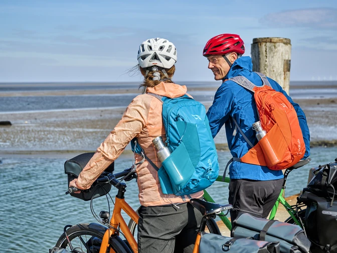 Radfahrende blicken aufs Wattenmeer