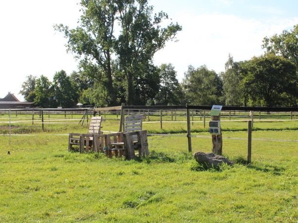 Eine weitläufige grüne Wiese mit Blick auf Holzbänke und ein Schild, umgeben von Bäumen und Zäunen.