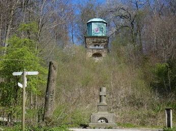 Blick auf die Kaffeemühle von der Hörstation Altes Backofen-Wassertürmchen im Frühjahr, umgeben von Bäumen, mit Wanderwegweiser im Vordergrund.