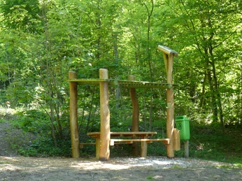 Hörstation Anna & Hermann in Halle Westfalen Hörstation im Wald mit Holztisch und Lärmdach, umgeben von üppigem Grün, lädt zur Pausengestaltung ein.