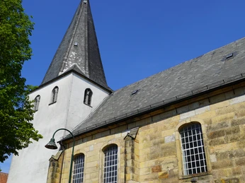 dsc00713 Steinkirche mit hohem Turm und spitzem Schieferdach, daneben grüner Baum unter klarem Himmel.