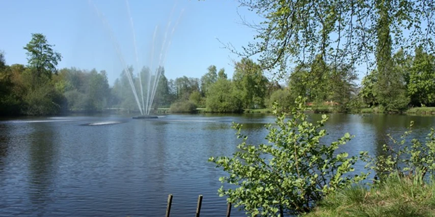 ellernteich-rastede See in idyllischer Parkanlage mit zentraler Fontäne, umgeben von Bäumen unter blauem Himmel.