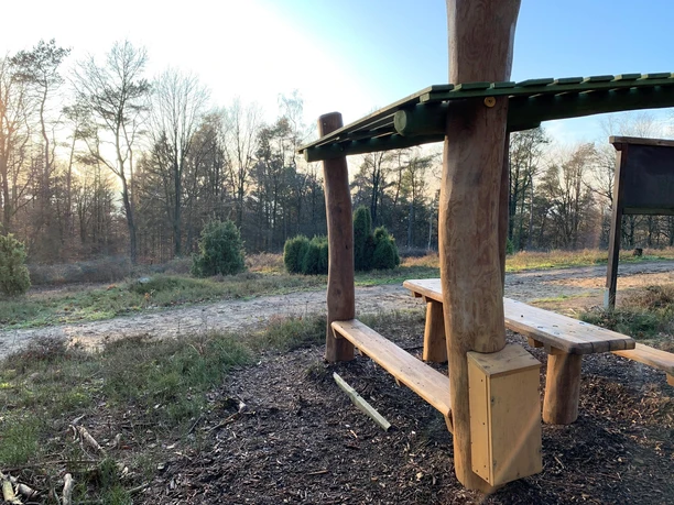 Hörstation Steinhagen mit Blick nzum Hermannsweg Holzbänke unter einem schützenden Dach, umgeben von Wald, bieten Rastmöglichkeit am Hermannsweg.