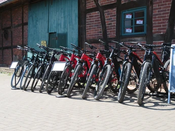 Quad und E-Bike Vermietung am Steinhuder Meer Eine Reihe von E-Bikes und Quads steht nebeneinander auf einem gepflasterten Hof in der Sonne.