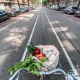 Vue sur la rue par le guidon d'un vélo.jpg Fahrradansicht aus der Fahrerperspektive auf einer baumgesäumten Straße mit Einkaufstasche.Bicycle view from the rider's perspective on a tree-lined street with a shopping bag.Vue de vélo du point de vue du conducteur sur une route bordée d'arbres avec un sac à provisions.