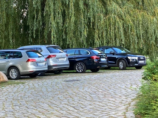 Parkplatz_Schlosswiese1_22082023_PetraRoemer.jpg Eine gepflasterte Straße führt zu den Parkmöglichkeiten. Im Hintergrund stehen Bäume
