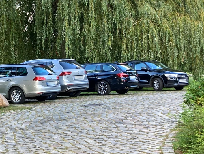 Parkplatz_Schlosswiese1_22082023_PetraRoemer.jpg Eine gepflasterte Straße führt zu den Parkmöglichkeiten. Im Hintergrund stehen Bäume