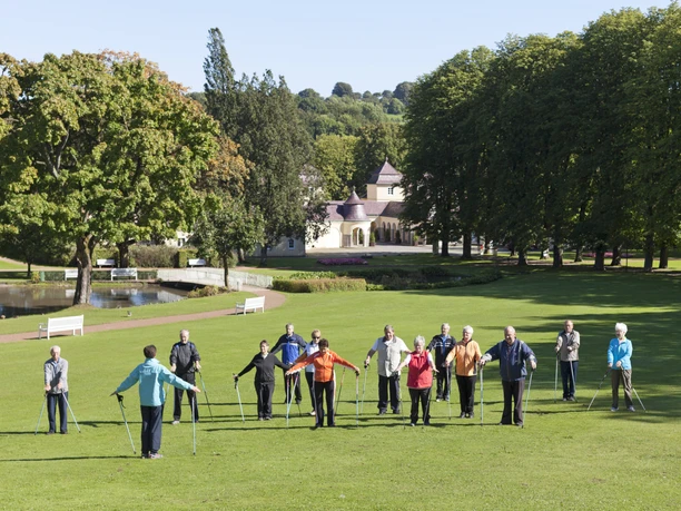 Park Klinik_0958_Bewegung.jpg Eine Gruppe von Senioren genießt Nordic Walking bei sonnigem Wetter in einem weitläufigen Park.