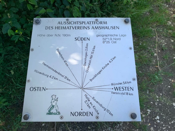 Beschilderung Haferbrede Silberne Plakette inmitten von Grün zeigt Himmelsrichtungen und Entfernungen zu Sehenswürdigkeiten.