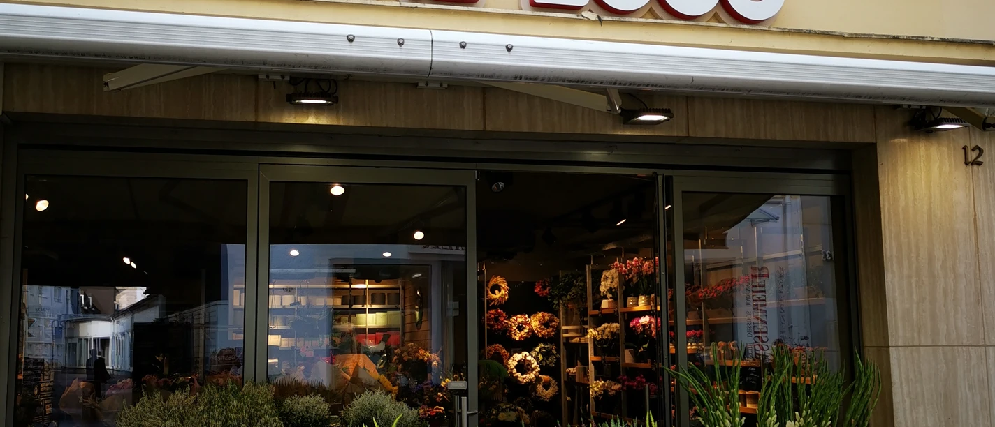 Das Bild zeigt den Eingangsbereich des Geschäfts Blume 2000