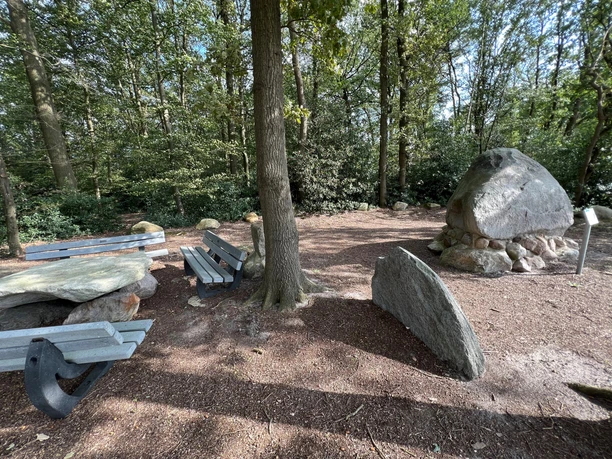 Findling "Alter Schwede aus dem Luk" Ein großer Findling, umgeben von Bäumen, neben Parkbänken und Picknicktisch, im lichten Wald.