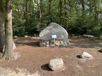 Großer Findling im Wald, auf einem Steinsockel platziert, umgeben von Bäumen und einem Schild davor.