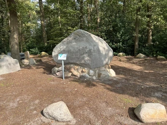 Findling aus Granit umgeben von kleineren Steinen auf Waldboden, mit Infotafel im Vordergrund.