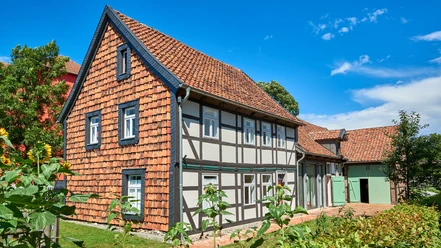Gärtnermuseum Wolfenbüttel Fachwerkhof mit Sonnenblumen bei bestem Wetter