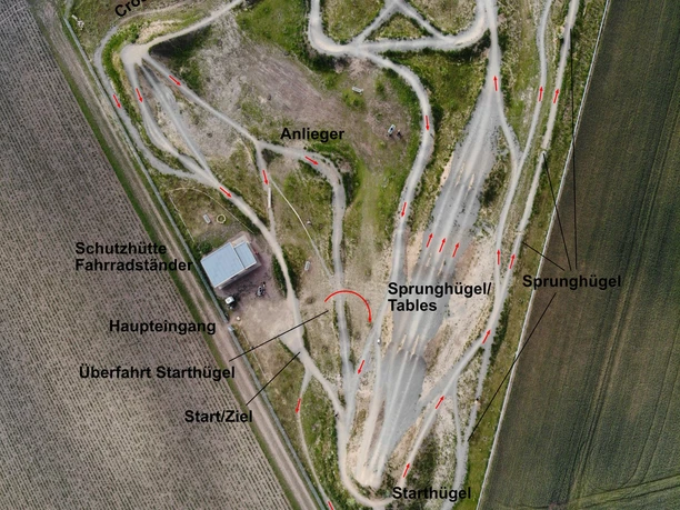 Trail-Park-Werlte Luftaufnahme eines Mountainbike-Parks mit Pumptrack, Sprunghügeln, Technikbereich und Cross-Country-Strecke.