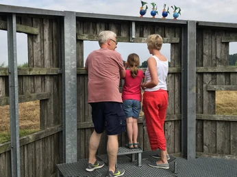 Besucher am Aussichtspunkt Aperberg Eine ältere Frau, ein Mann und ein Kind stehen auf einer Aussichtsplattform aus Metall, die von Holzwänden umgeben ist, mit Plastikhühnern obendrauf.