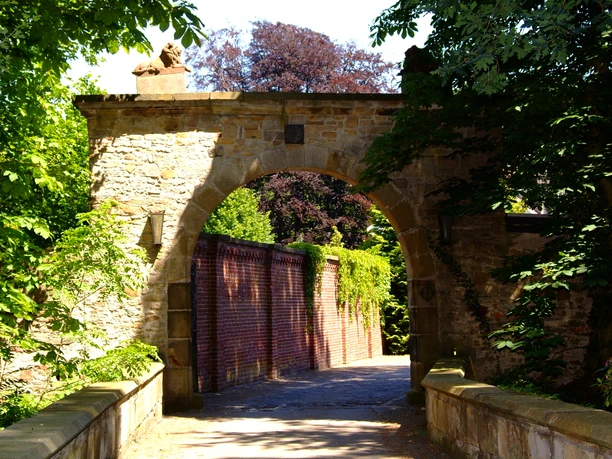 Gut Hange ( Fazenda da Esperanca ) Steinernes Tor mit Löwenskulptur führt durch eine alte Mauer, umgeben von Bäumen und Sonnenlicht.