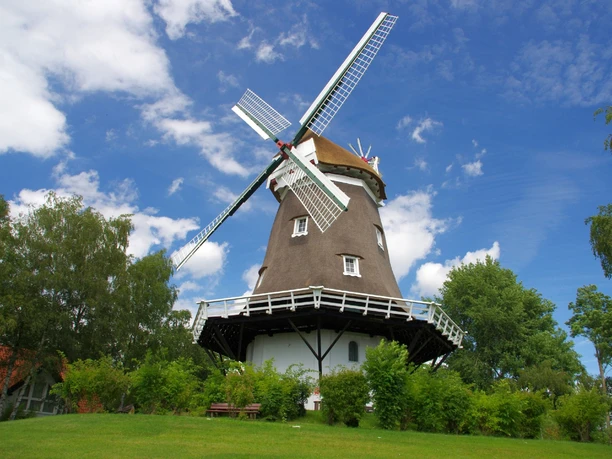 Die Achimer Windmühle steht unter blauem Himmel, umgeben von Bäumen.