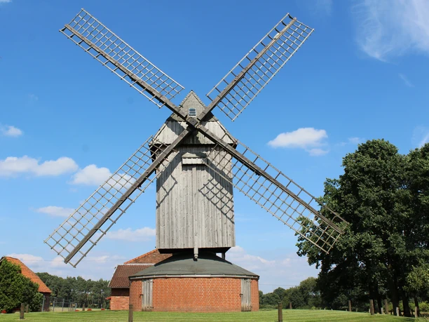 Ahrbecker Bockwindmühle Die Ahrbecker Bockwindmühle mit ihren imposanten Flügeln vor strahlend blauem Himmel.