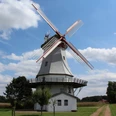 Eine historische Windmühle mit roten Flügeln vor blauem Himmel und eine ländliche Umgebung.