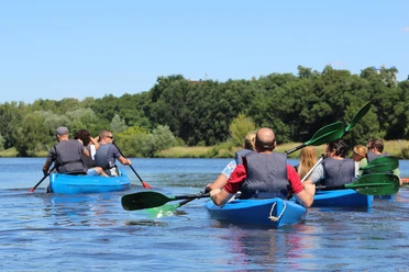Kanutour Mittelweser Eine Gruppe von Menschen in blauen Kanus paddelt über einen ruhigen Fluss, umgeben von grünen Bäumen.