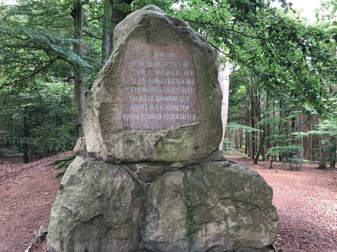 Gedenkstein im Wald erinnert an die Gründung des Bundes der Vereine für Naturschutz in Deutschland.