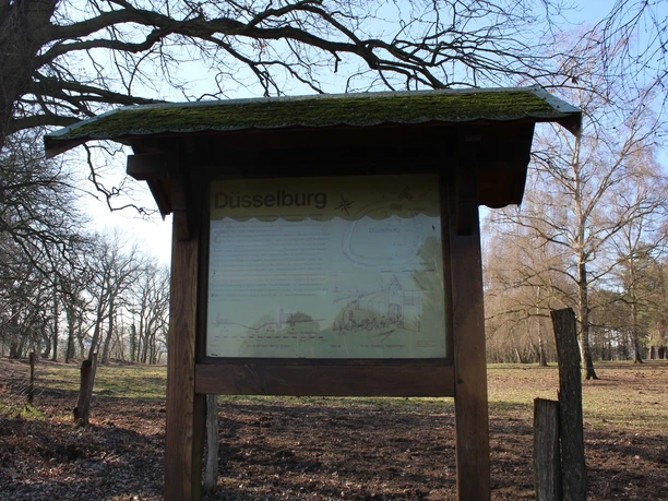 Düsselburg Holztafel mit Moos bewachsenem Dach informiert Besucher über die Geschichte und Geografie der Düsselburg.