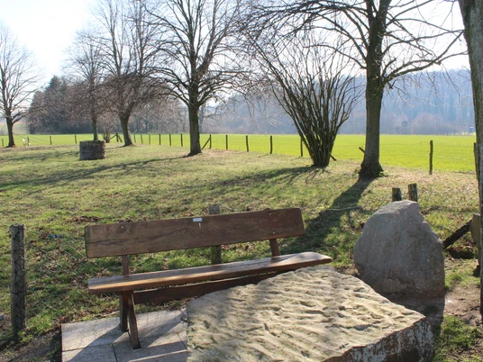 Kloster Asbeke Eine Holzbank mit Blick auf ein sonniges, grünes Feld, umgeben von Bäumen und einem blauen Himmel.A wooden bench with a view of a sunny, green field, surrounded by trees and a blue sky.En træbænk med udsigt til en solrig, grøn mark, omgivet af træer og en blå himmel.Een houten bank met uitzicht op een zonnig, groen veld, omringd door bomen en een blauwe lucht.