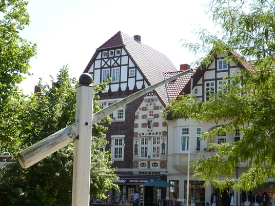 Fachwerkhäuser mit roten Dächern und filigranen Verzierungen an einem sonnigen Marktplatz.