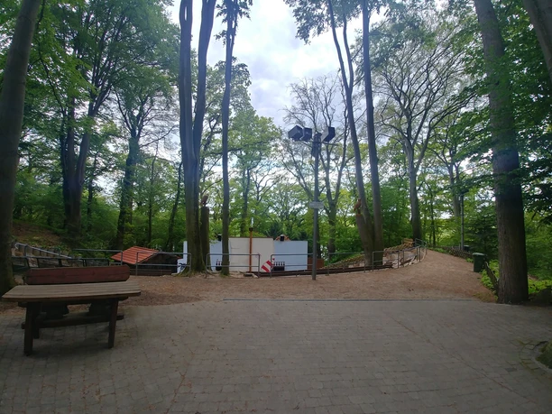 Freilichtbühne Daverden inmitten hoher Bäume, flankiert von Sitzbänken auf einer offenen Lichtung.