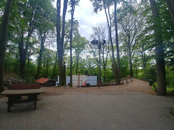 Freilichtbühne Daverden Freilichtbühne Daverden inmitten hoher Bäume, flankiert von Sitzbänken auf einer offenen Lichtung.