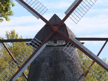 Windmühle Margarethe in Eystrup von 1861 mit hölzernem Dach und großen, kreuzförmigen Flügeln.
