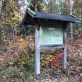 Eine Informationstafel steht am Waldrand, umgeben von buntem Herbstlaub und hohen Bäumen.
