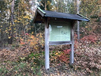 Hügelgräber Eine Informationstafel steht am Waldrand, umgeben von buntem Herbstlaub und hohen Bäumen.