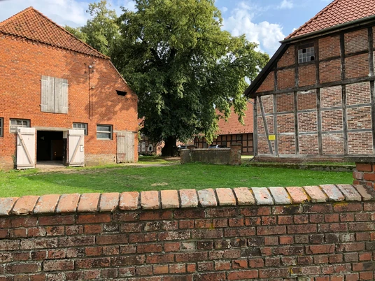 Roter Backsteinbau und Fachwerkgebäude rahmen einen grünen Hof mit großen schattenspendenden Bäumen.