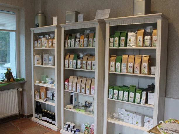 Tee-Shop Hiller Regale mit verschiedenen Teeverpackungen und Teezubehör in einem lichtdurchfluteten Raum eines Tee-Ladens.