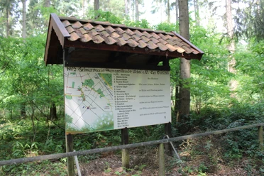 Die Insel in Darlaten Informationstafel des Heimatvereins Samtgemeinde Uchte e.V. im Wald von Darlaten, umgeben von Bäumen.