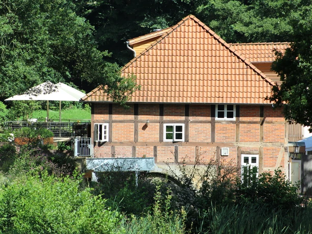 The historic Heiligenberg monastery mill, surrounded by trees, with a red tiled roof and half-timbered construction.