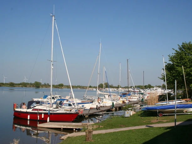 Segelboote und Yachten liegen an einem ruhigen Steg der Marina Wieltsee bei klarem Himmel vertäut.