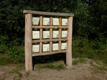 Holzgerüst mit neun Schautafeln im Grünen, präsentiert verschiedene Informationen über den Stadtwald.