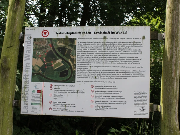 Interpretation einer Infotafel des Naturlehrpfads Im Röden Stolzenau, eingebettet in bewaldeter Umgebung.