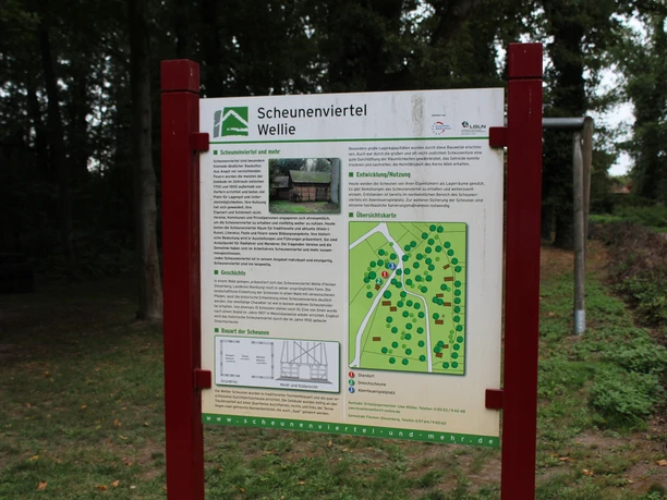 Informationstafel über das Scheunenviertel Wellie mit Karte, umgeben von Waldgebiet im Hintergrund.