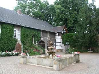 Brunnen im Schlosshof Ein steinerner Brunnen mit Wasserspeiern im Innenhof, umgeben von alten Gebäuden und grünen Bäumen.